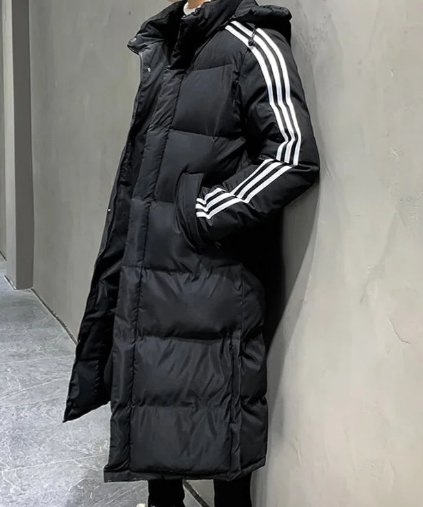Black Women's Long Winter Coat with Hood & Striped Sleeve Detail