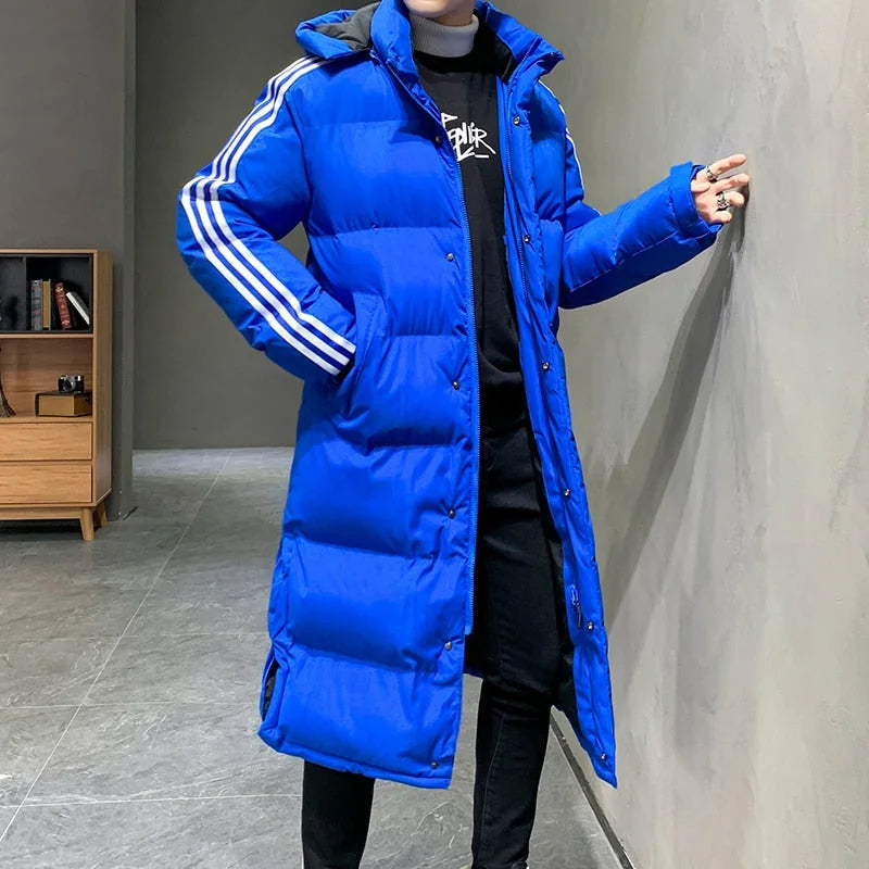 Women's Long Winter Coat with Hood & Striped Sleeve Detail - Front Full Pose