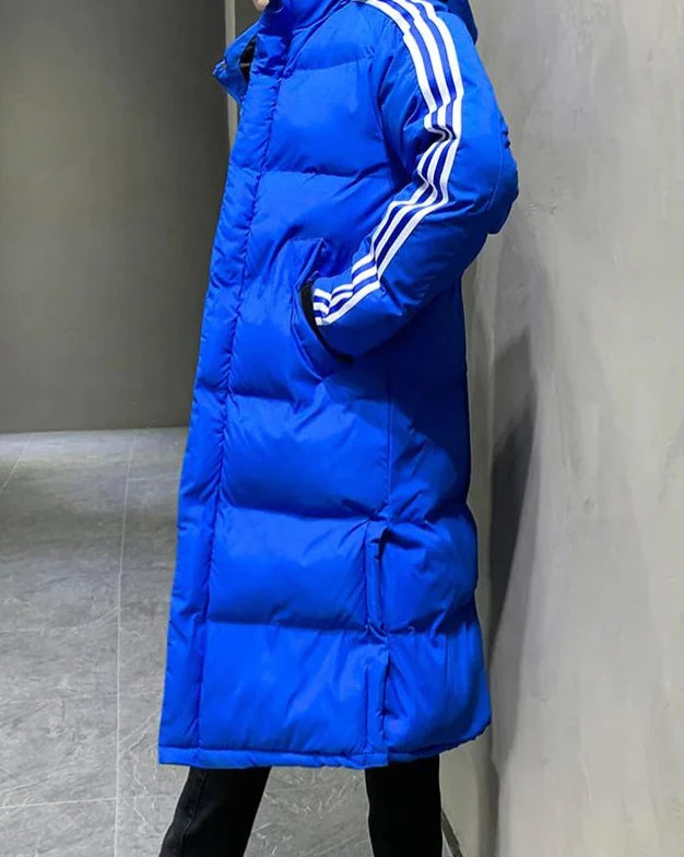 Blue Women's Long Winter Coat with Hood & Striped Sleeve Detail — Georgia - Side Pose Crop