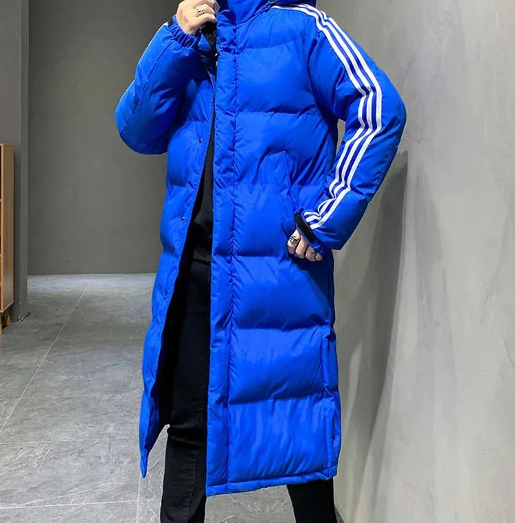 Blue Women's Long Winter Coat with Hood & Striped Sleeve Detail