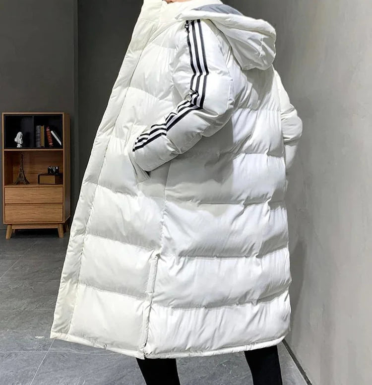 Women's Long Winter Coat with Hood & Striped Sleeve Detail - Back Full Hood Up