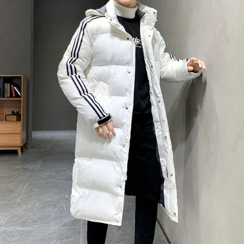 Women's Long Winter Coat with Hood & Striped Sleeve Detail - Front Full Pose