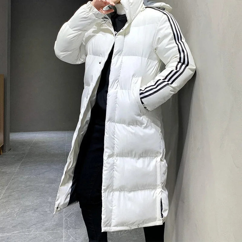 Women's Long Winter Coat with Hood & Striped Sleeve Detail - Front Open Unzipped