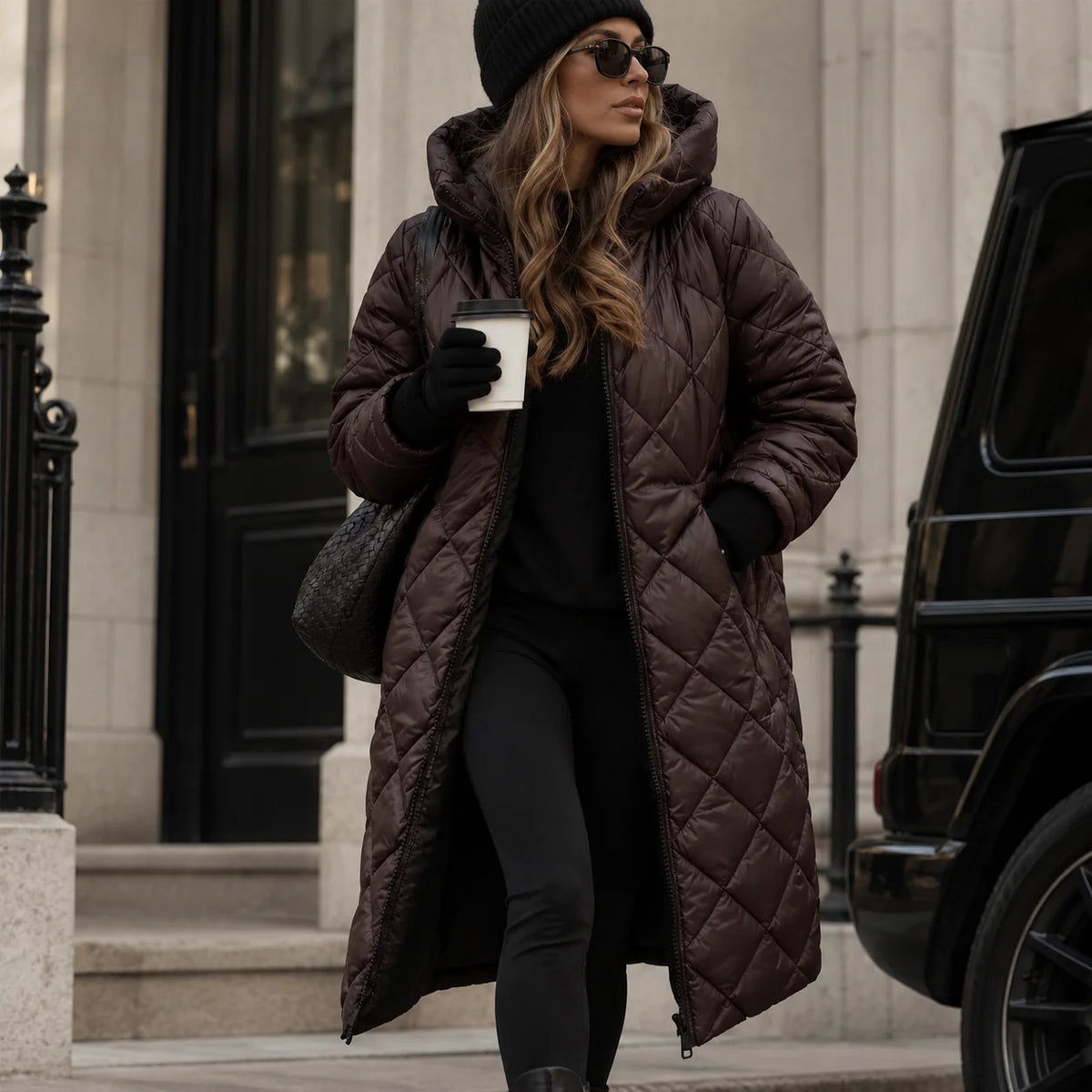 Brown Women's Long Quilted Puffer Coat with Hooded Design & Tailored Fit - Walking Street
