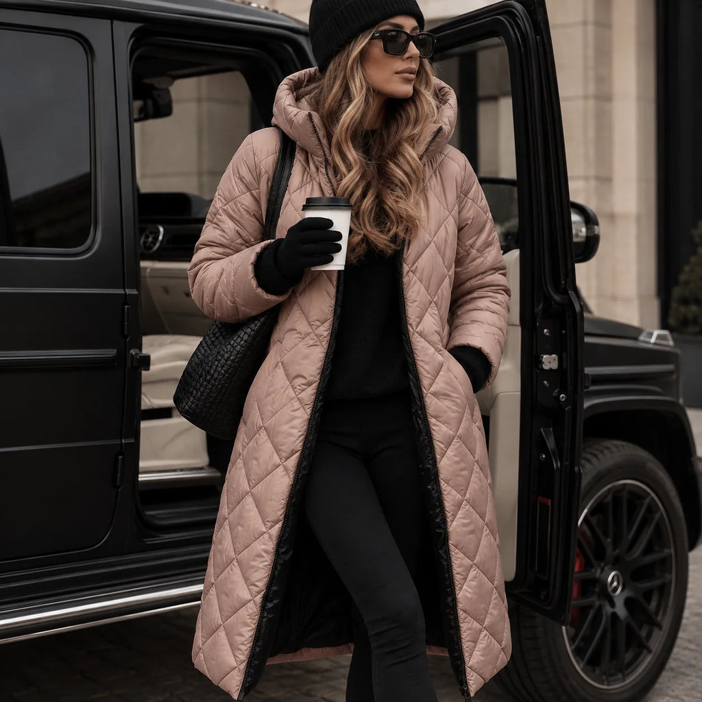 Pink Women's Long Quilted Puffer Coat with Hooded Design & Tailored Fit - Front Pose Coffee