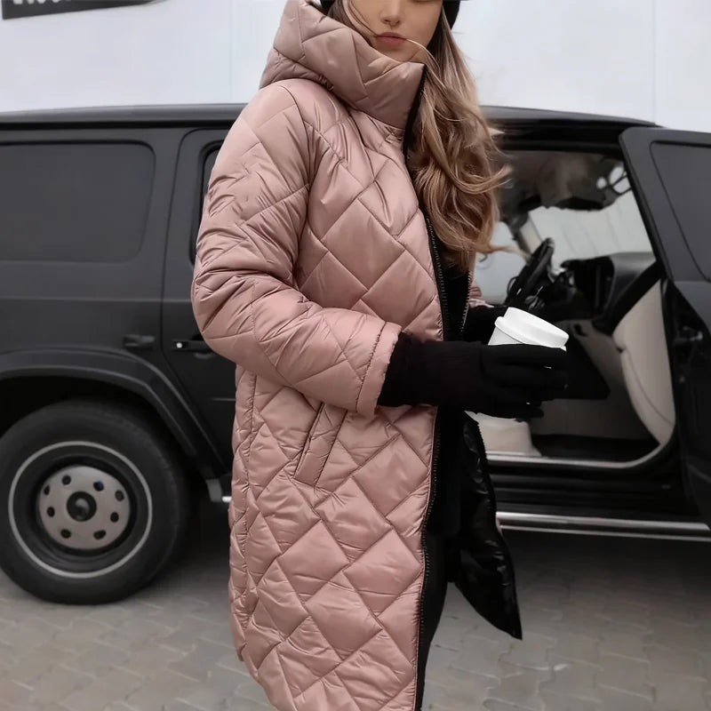 Women's Long Quilted Puffer Coat with Hooded Design & Tailored Fit - Side Pose Car