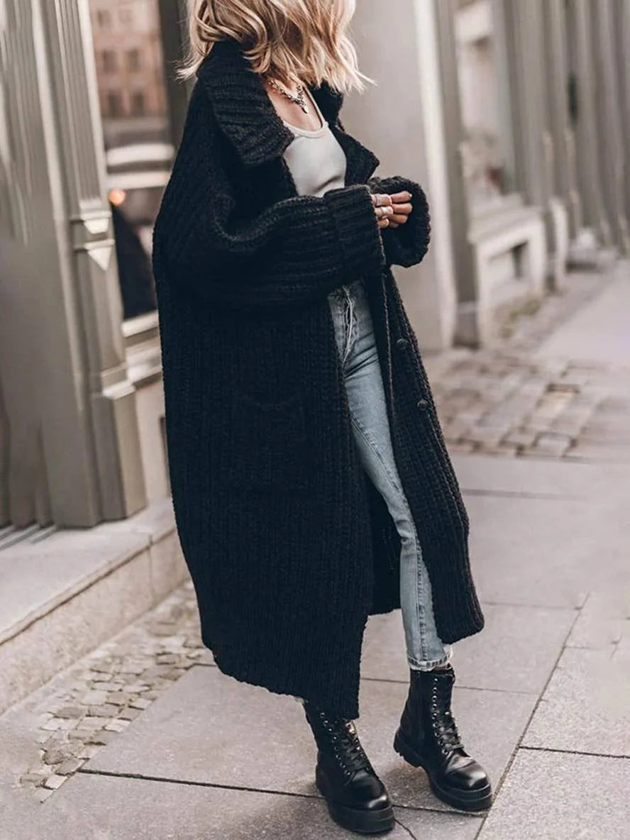 Black Women's Longline Cardigan with Oversized Fit & Pockets