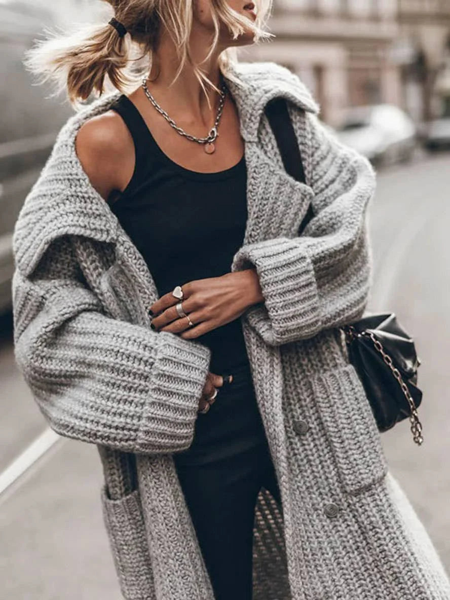 Women's Longline Cardigan with Oversized Fit & Pockets - Close Up Collar
