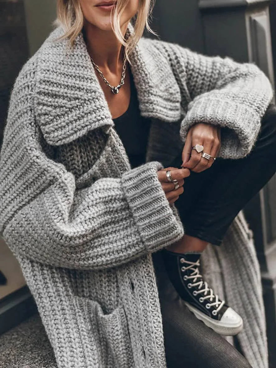 Women's Longline Cardigan with Oversized Fit & Pockets - Close Up Sleeve Detail