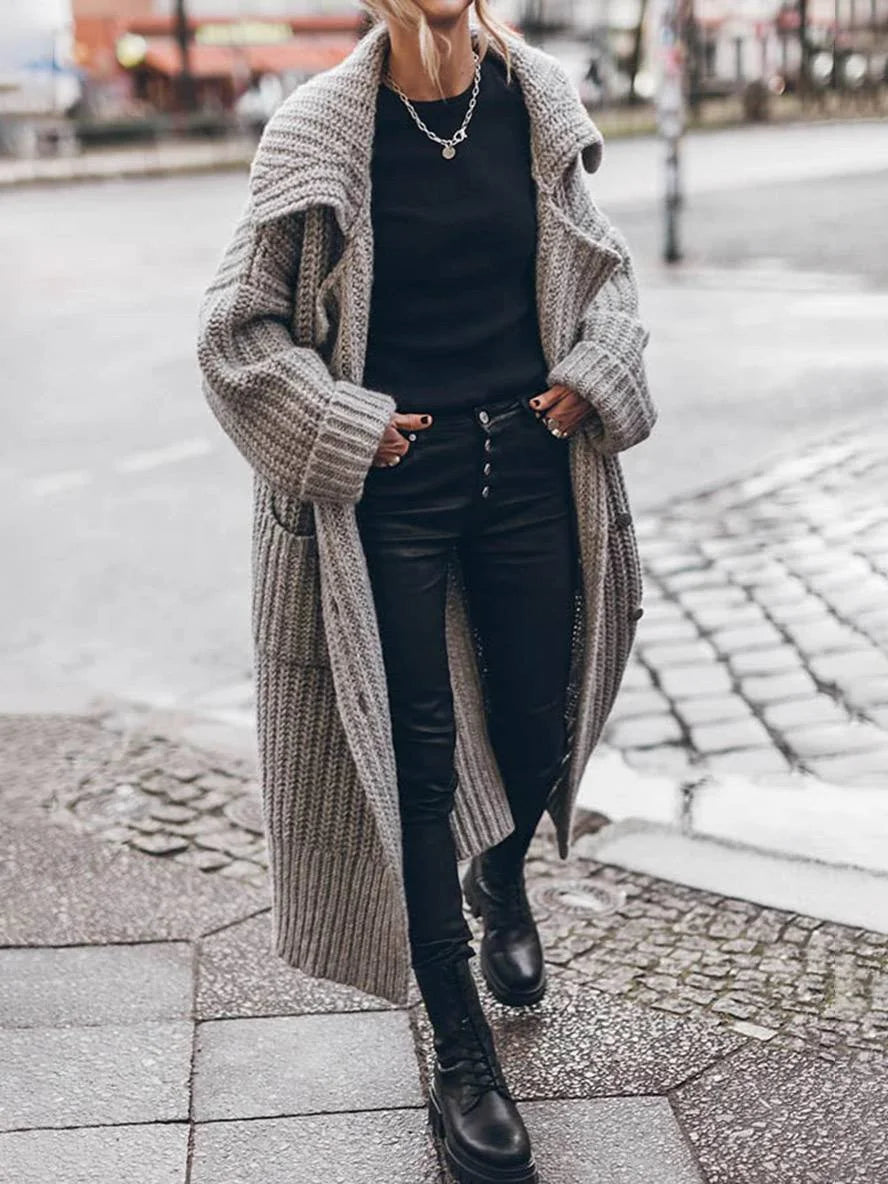 Women's Longline Cardigan with Oversized Fit & Pockets - Front Full Walking