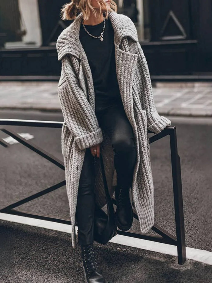 Grey Women's Longline Cardigan with Oversized Fit & Pockets