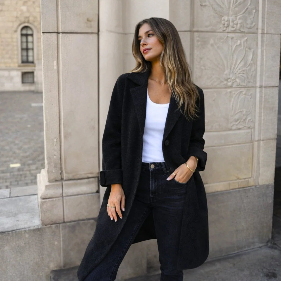 Black Women's Longline Winter Jacket with Wide Lapels & Relaxed Fit