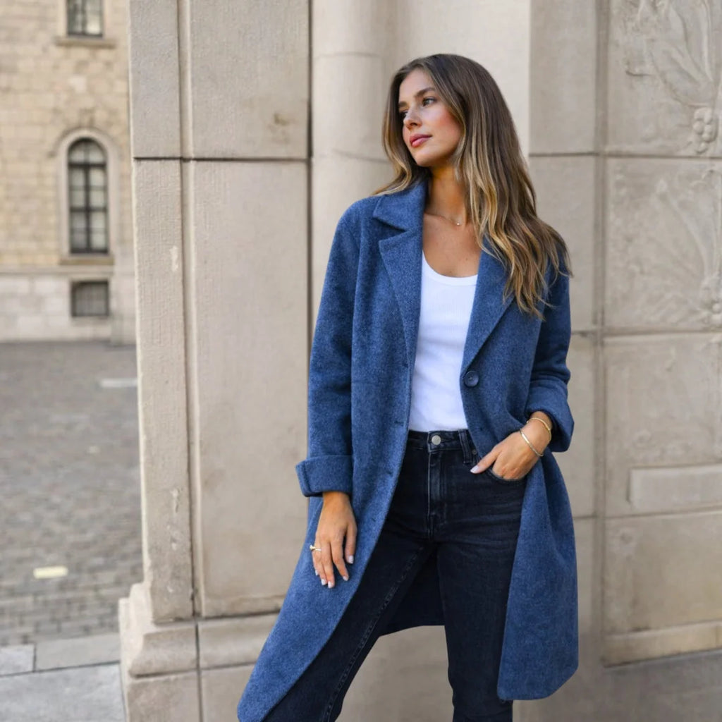 Blue Women's Longline Winter Jacket with Wide Lapels & Relaxed Fit
