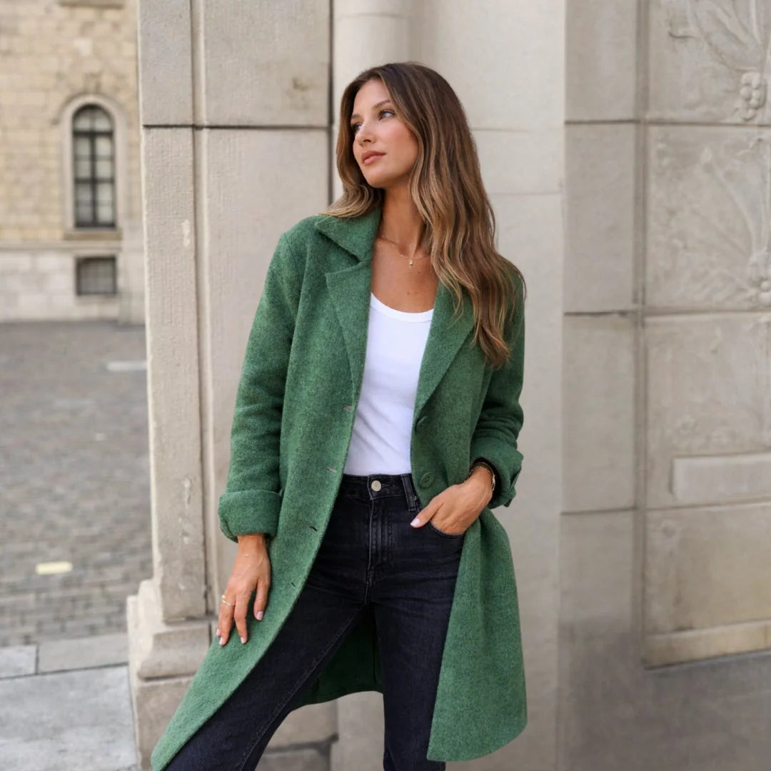Green Women's Longline Winter Jacket with Wide Lapels & Relaxed Fit