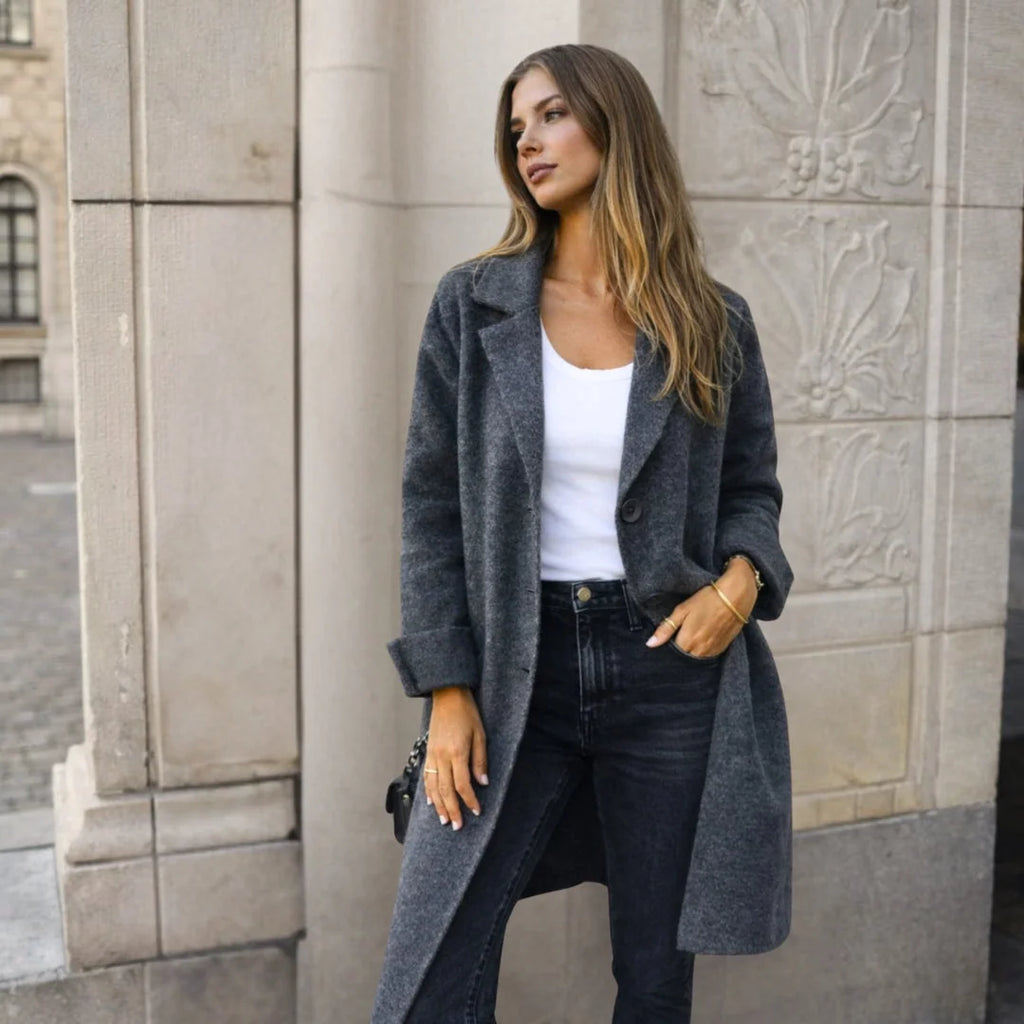 Mid Grey Women's Longline Winter Jacket with Wide Lapels & Relaxed Fit