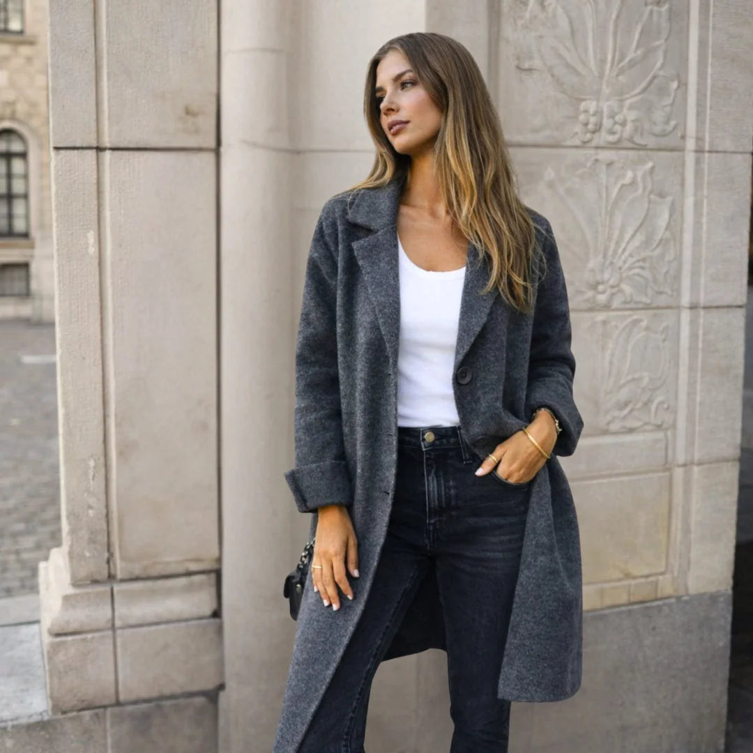 Mid Grey Women's Longline Winter Jacket with Wide Lapels & Relaxed Fit