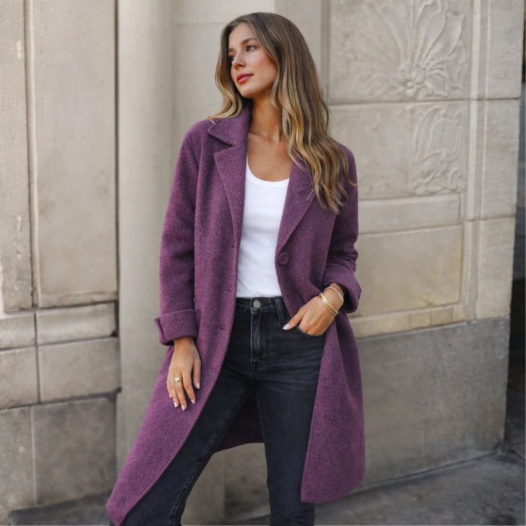 Purple Women's Longline Winter Jacket with Wide Lapels & Relaxed Fit