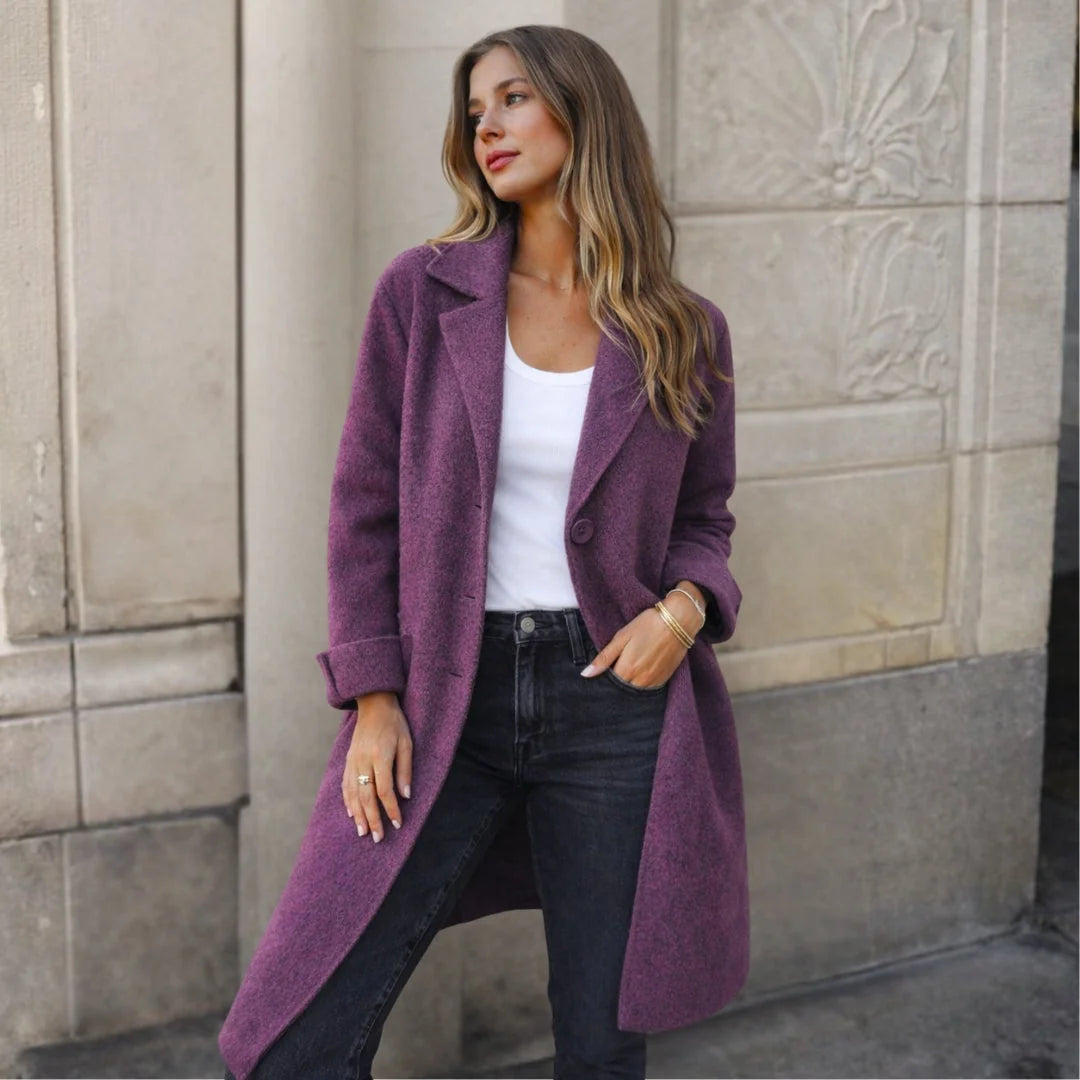 Purple Women's Longline Winter Jacket with Wide Lapels & Relaxed Fit