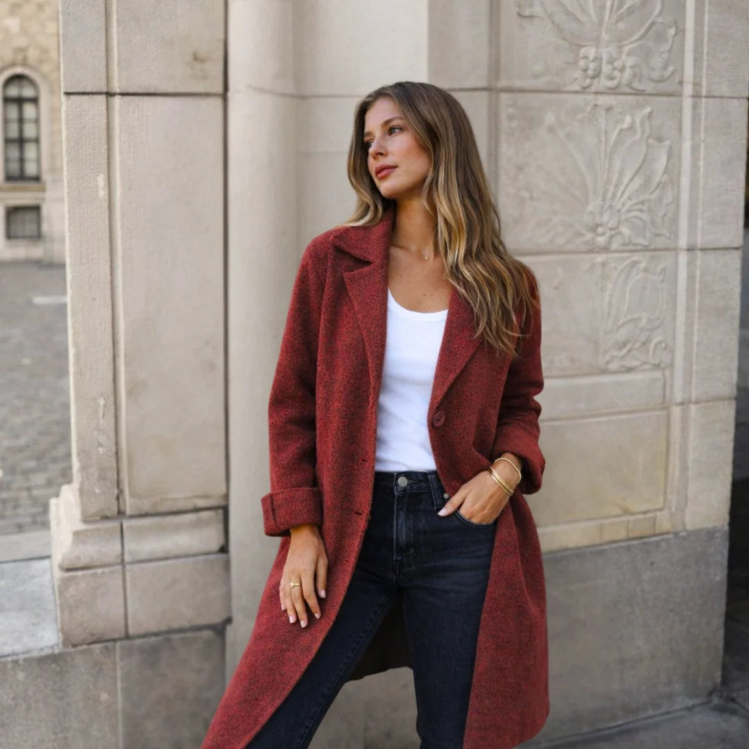 Red Women's Longline Winter Jacket with Wide Lapels & Relaxed Fit