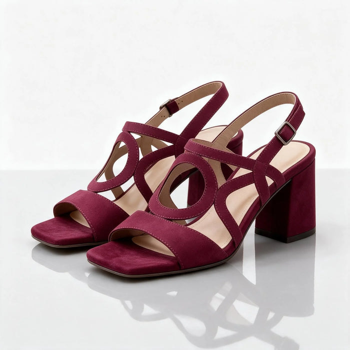 Burgundy Women's Loop Sandals with Block Heel & Adjustable Slingback