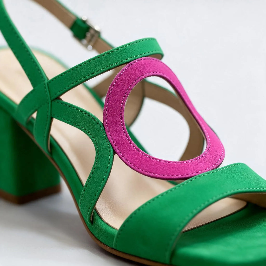 Women's Loop Sandals with Block Heel & Adjustable Slingback - Green Close Up Pink Loop