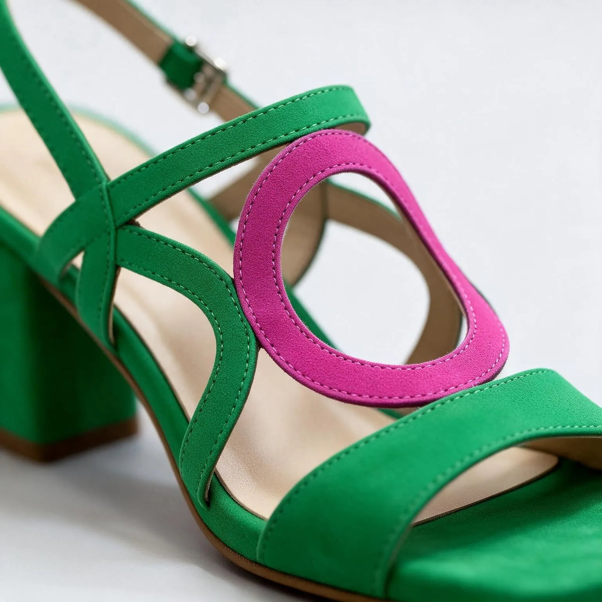 Women's Loop Sandals with Block Heel & Adjustable Slingback - Green Close Up Pink Loop