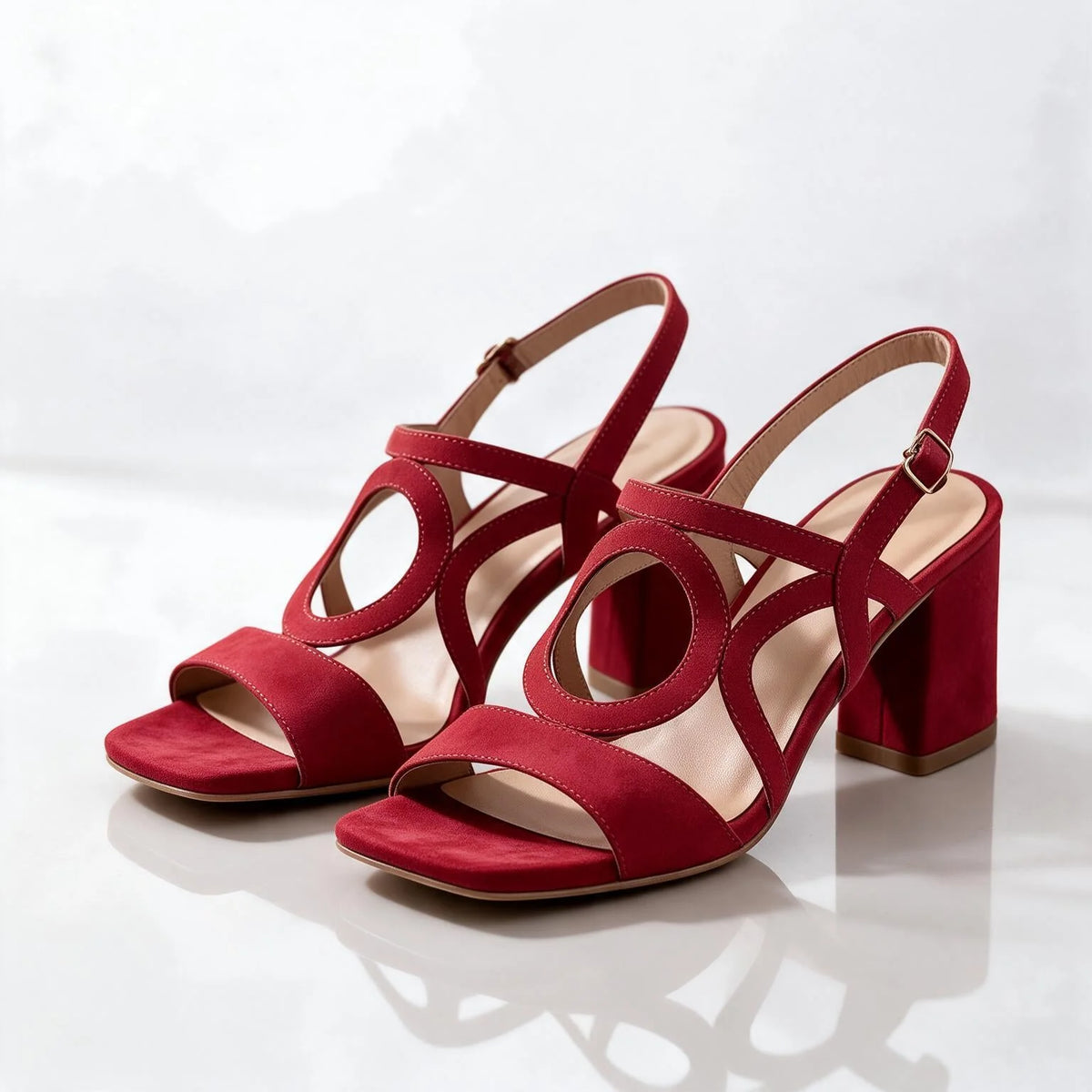 Red Women's Loop Sandals with Block Heel & Adjustable Slingback