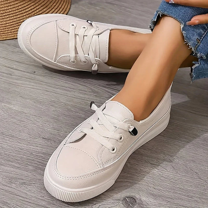 Beige Women's Leather Sneakers with Cushioned Low-Top Lace-Up Design — Sophie
