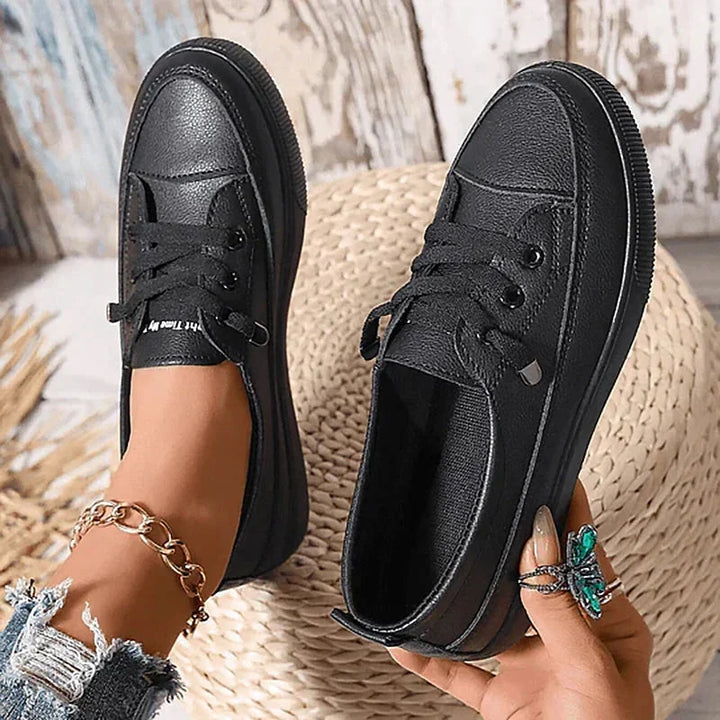 Black Women's Leather Sneakers with Cushioned Low-Top Lace-Up Design — Sophie