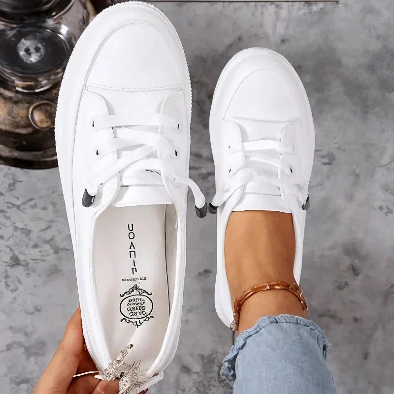 White Women's Leather Sneakers with Cushioned Low-Top Lace-Up Design — Sophie