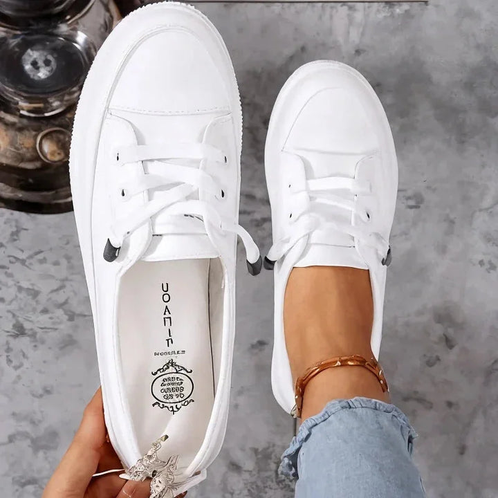 White Women's Leather Sneakers with Cushioned Low-Top Lace-Up Design — Sophie