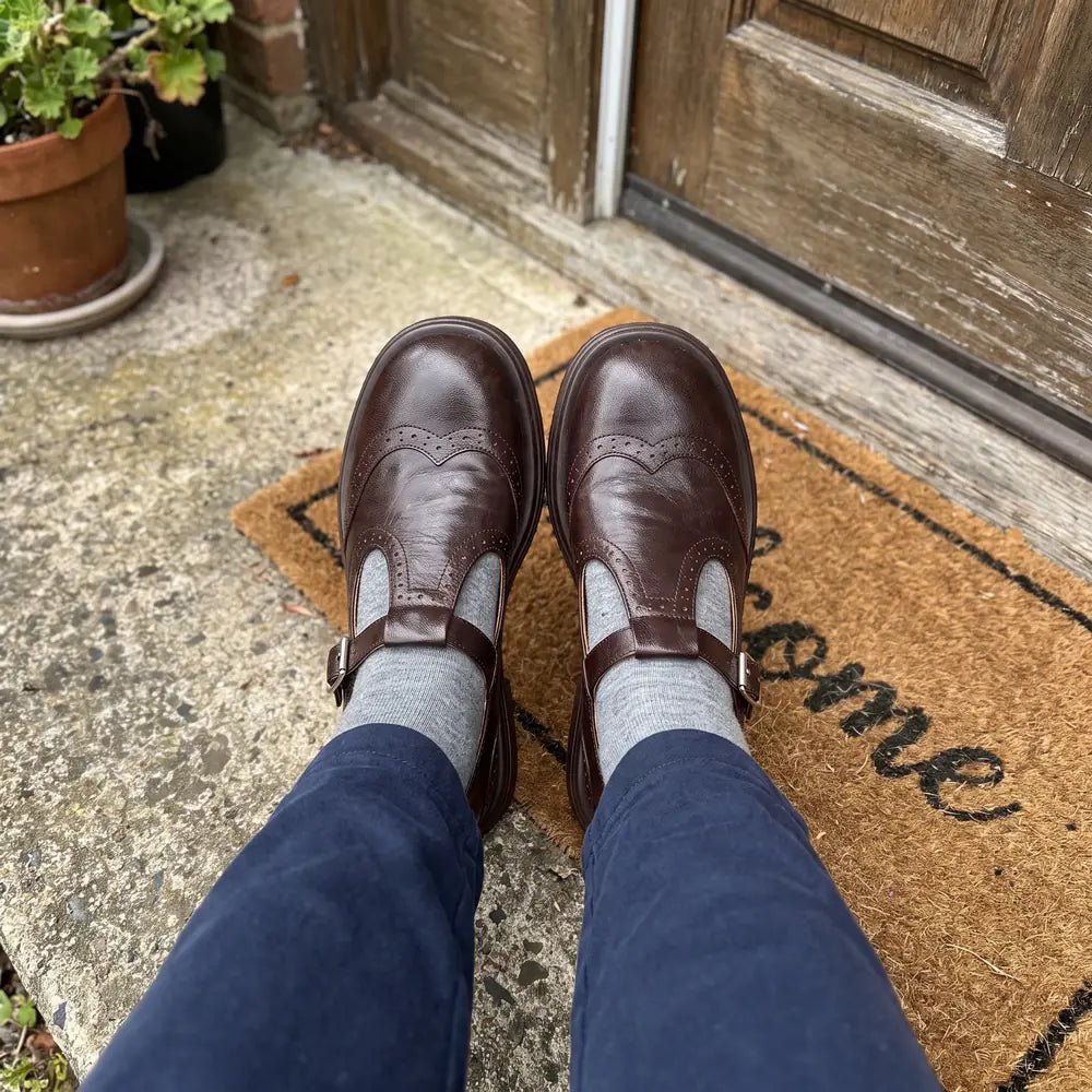 Women's Mary Jane Pumps with Leather-Look Upper & Brogue Detailing - Outdoor Doorstep Pose