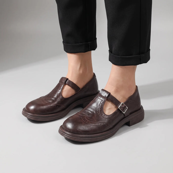 Brown Women's Mary Jane Pumps with Leather-Look Upper & Brogue Detailing - Worn Black Pants