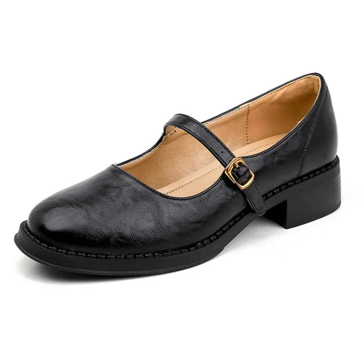 Black Women's Mary Jane Shoes with Leather Finish & Low Block Heel — Kate - Studio White Background