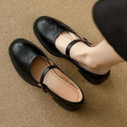Black Women's Mary Jane Shoes with Leather Finish & Low Block Heel — Kate - Top View Worn