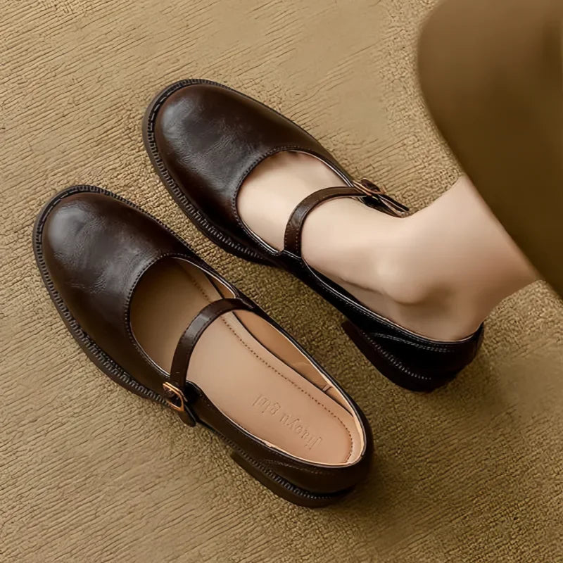 Brown Women's Mary Jane Shoes with Leather Finish & Low Block Heel — Kate - Top View Worn