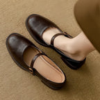 Brown Women's Mary Jane Shoes with Leather Finish & Low Block Heel — Kate - Top View Worn