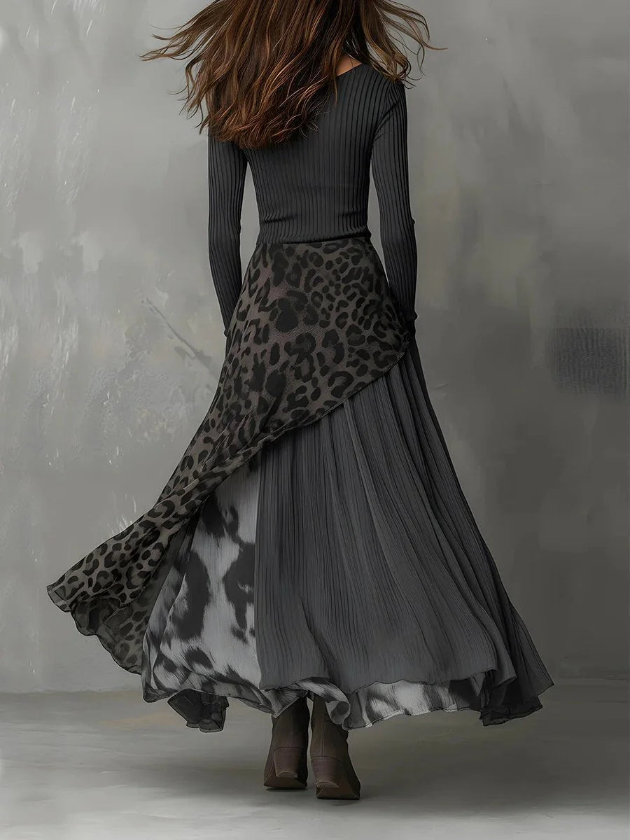 Dark Gray Women's Leopard Maxi Dress with Ribbed Knit Top & Long Sleeves - Back Full