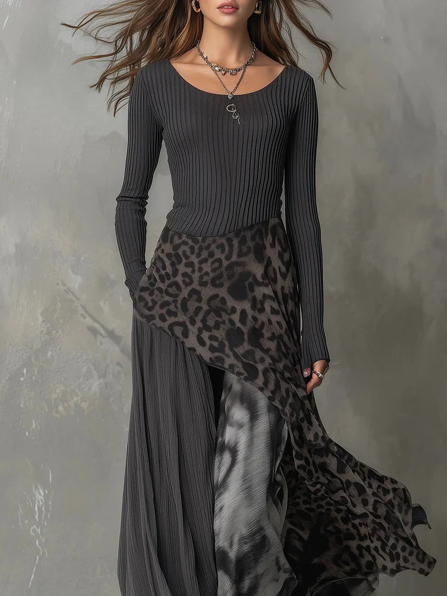 Dark Gray Women's Leopard Maxi Dress with Ribbed Knit Top & Long Sleeves - Front Closeup