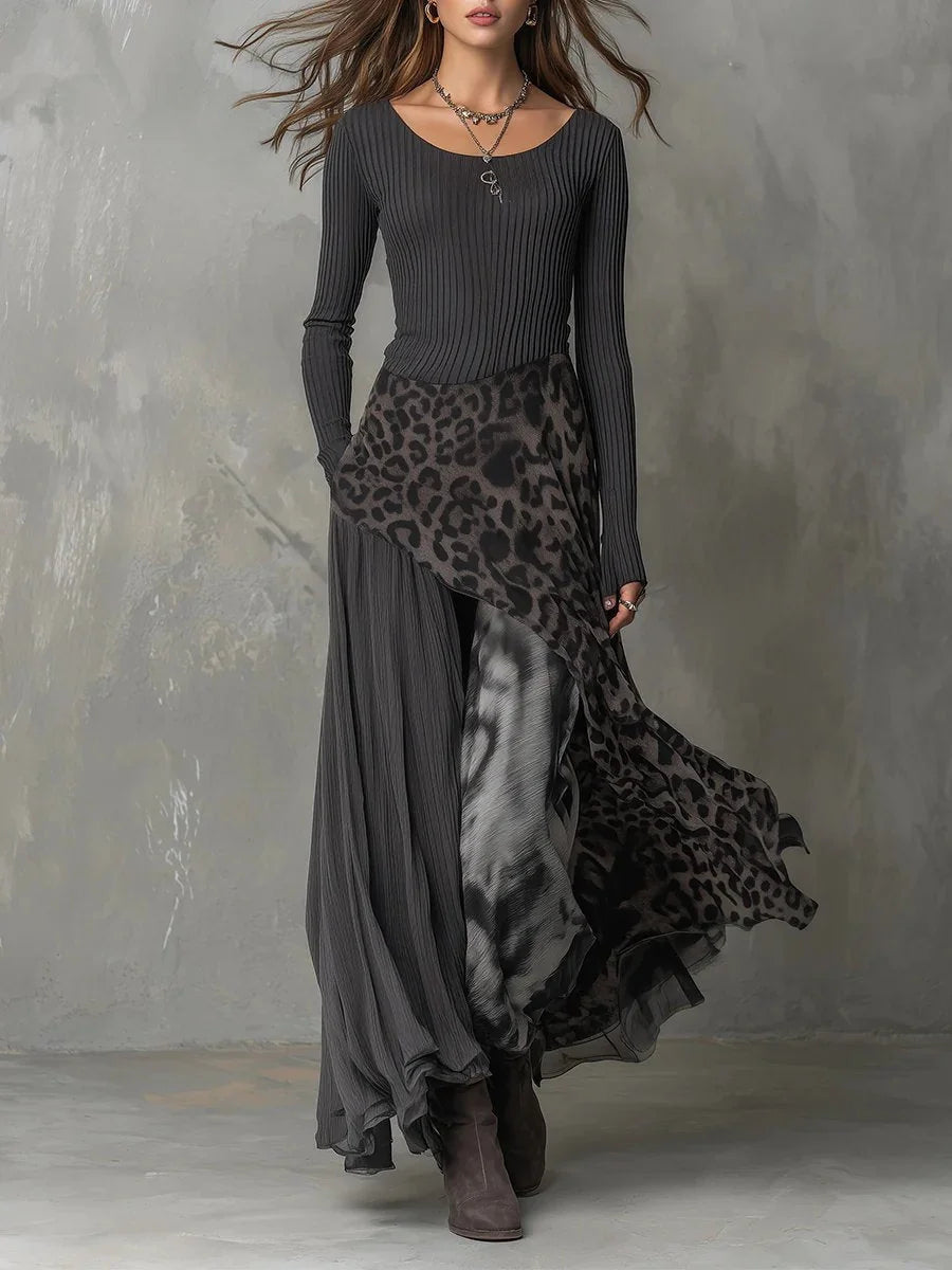 Dark Gray Women's Leopard Maxi Dress with Ribbed Knit Top & Long Sleeves - Front Full