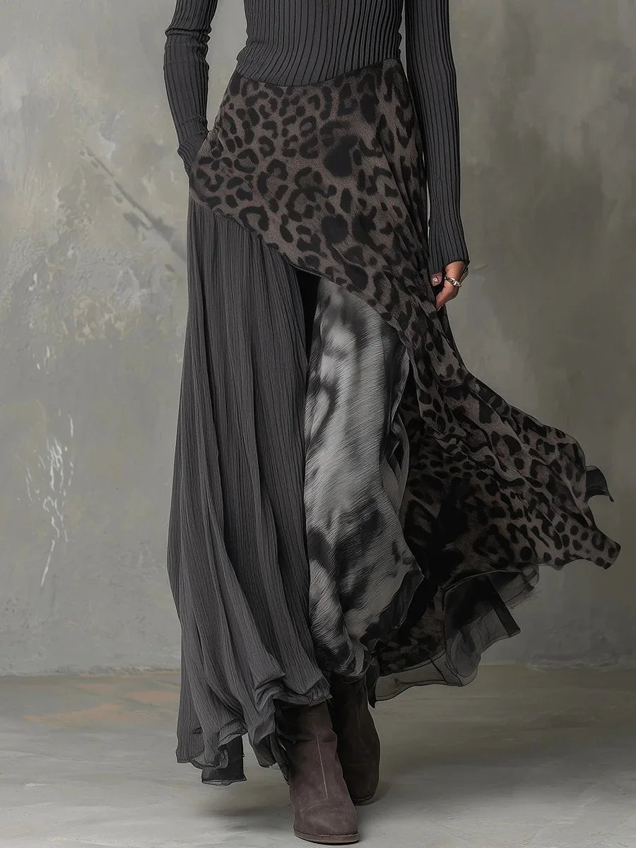 Dark Gray Women's Leopard Maxi Dress with Ribbed Knit Top & Long Sleeves - Skirt Detail