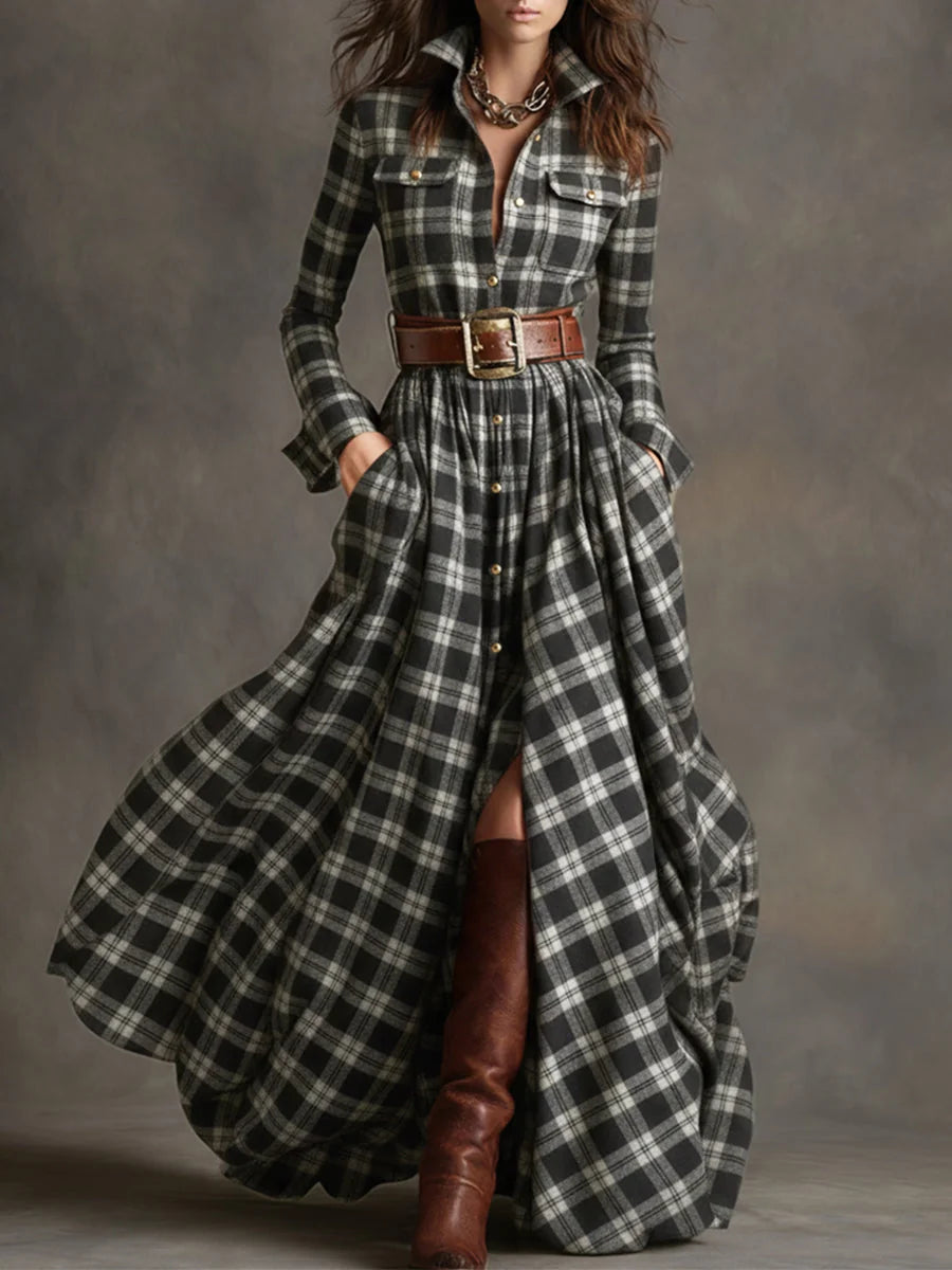 Black Women's Plaid Maxi Dress with Lapel Collar & Belted Waist