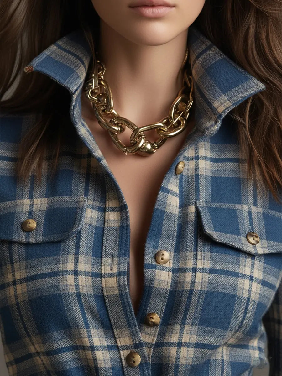 Women's Plaid Maxi Dress with Lapel Collar & Belted Waist - Close Up Neckline