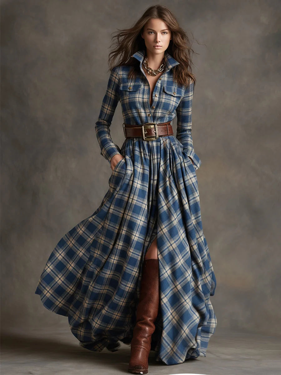 Women's Plaid Maxi Dress with Lapel Collar & Belted Waist - Front Full Pose
