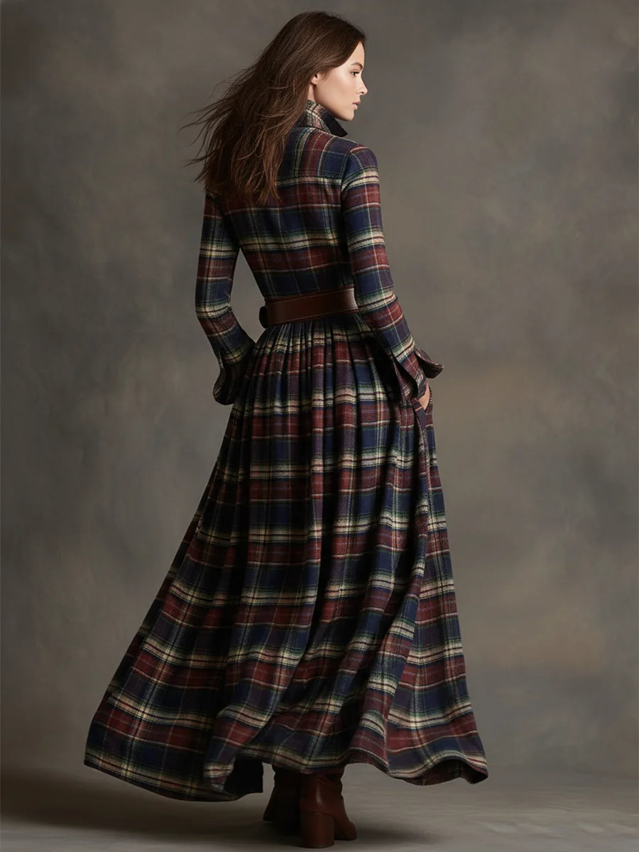 Women's Plaid Maxi Dress with Lapel Collar & Belted Waist - Red Back Full Pose