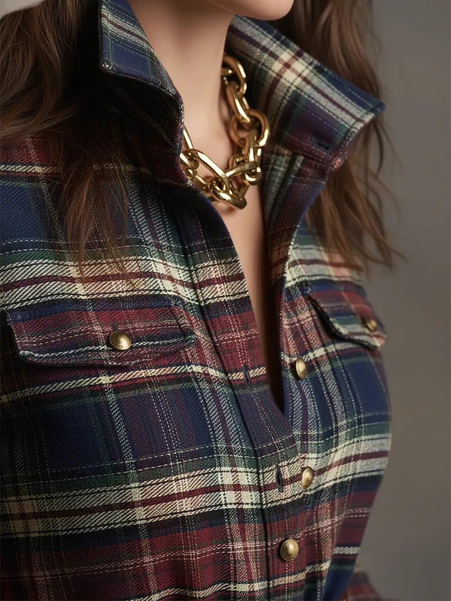 Women's Plaid Maxi Dress with Lapel Collar & Belted Waist - Red Close Up Neckline