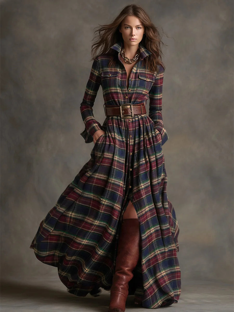 Women's Plaid Maxi Dress with Lapel Collar & Belted Waist - Red Front Full Pose