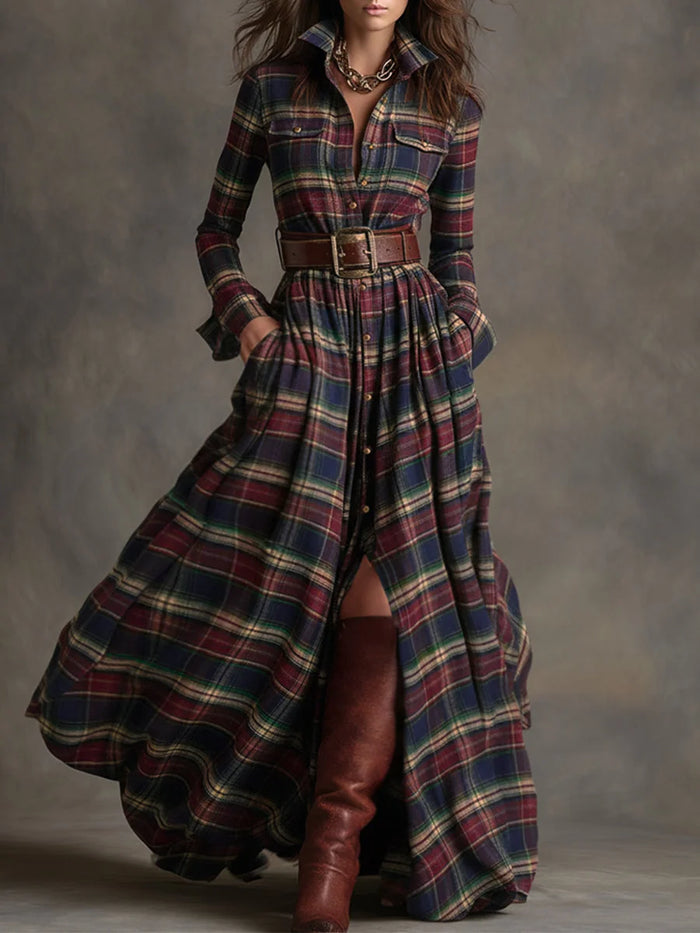 Blue Red Women's Plaid Maxi Dress with Lapel Collar & Belted Waist - Front Full