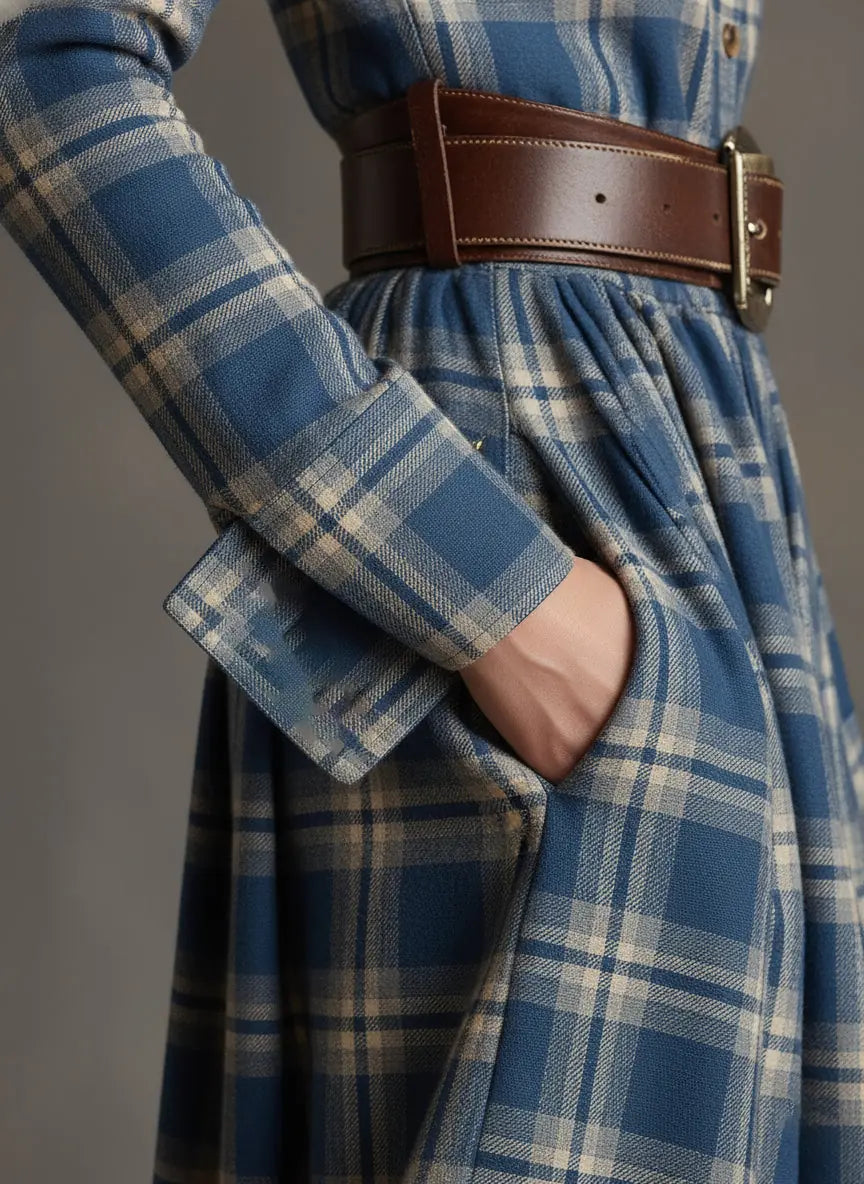 Women's Plaid Maxi Dress with Lapel Collar & Belted Waist - Waist Pocket Detail