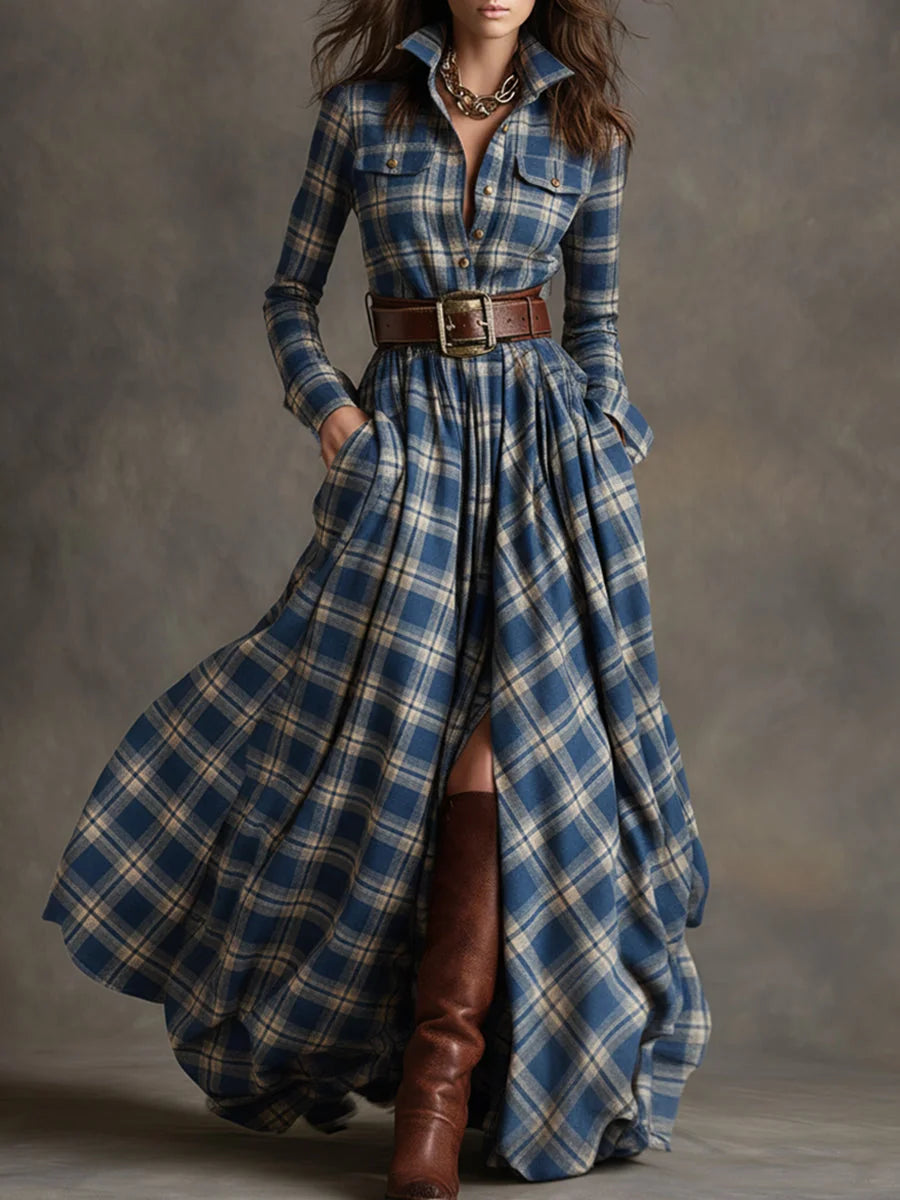 Blue Women's Plaid Maxi Dress with Lapel Collar & Belted Waist